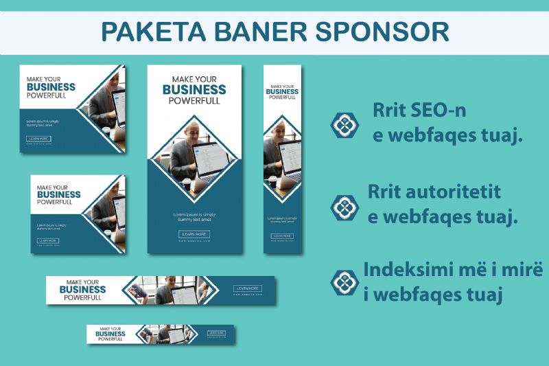 Baner online per SPONSOR GENERAL në faqen e parë të platformës Panairi Online , baner ne HEDER , SEO me hiperlink , reklamo biznesin online, Reklam ne website te tjera 